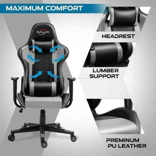 Gaming Chair Racing Style High-Back PU Leather Swivel Chair W/Headrest Lumbar