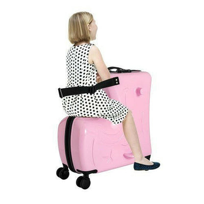 Pink Luggage Case Kids Ride-On Roll Suitcase Luggage Bags Wheeled Trolley Lugg - dev3 aff 