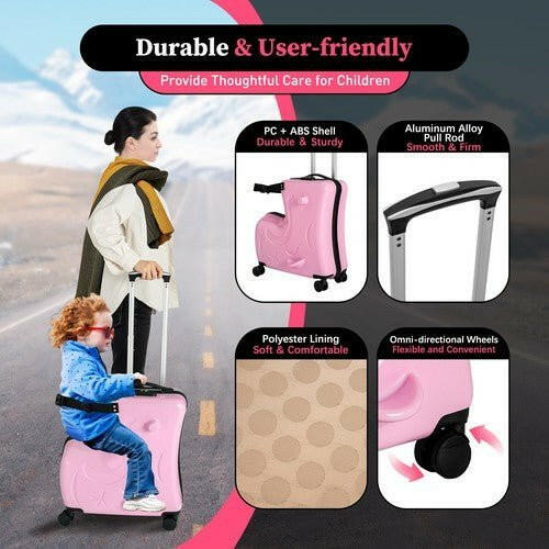 Pink Luggage Case Kids Ride-On Roll Suitcase Luggage Bags Wheeled Trolley Lugg - dev3 aff 