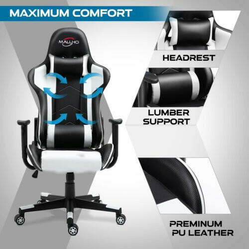 Gaming Chair Racing Style High-Back PU Leather Swivel Chair W/Headrest Lumbar - dev3 aff 