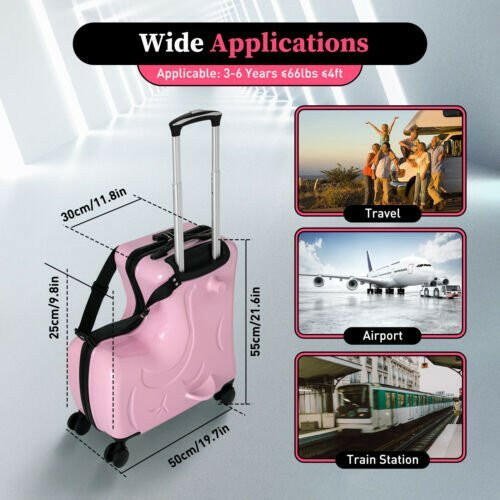 Pink Luggage Case Kids Ride-On Roll Suitcase Luggage Bags Wheeled Trolley Lugg - dev3 aff 
