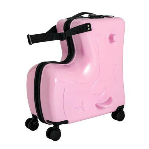 Pink Luggage Case Kids Ride-On Roll Suitcase Luggage Bags Wheeled Trolley Lugg - dev3 aff 