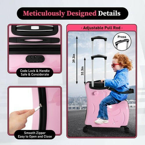 Pink Luggage Case Kids Ride-On Roll Suitcase Luggage Bags Wheeled Trolley Lugg - dev3 aff 