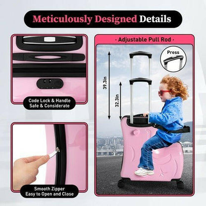 Pink Luggage Case Kids Ride-On Roll Suitcase Luggage Bags Wheeled Trolley Lugg - dev3 aff 