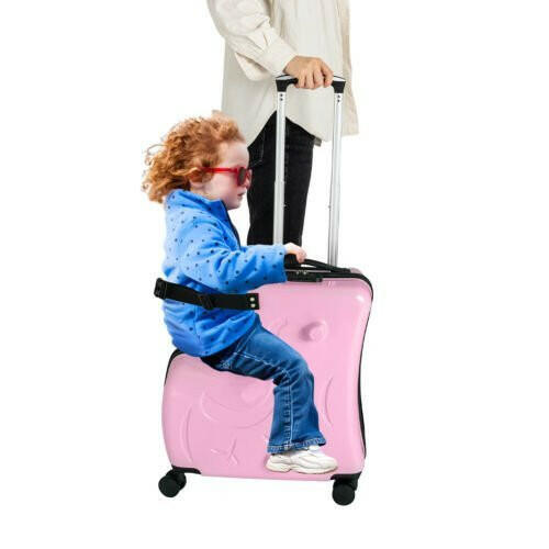 Pink Luggage Case Kids Ride-On Roll Suitcase Luggage Bags Wheeled Trolley Lugg - dev3 aff 