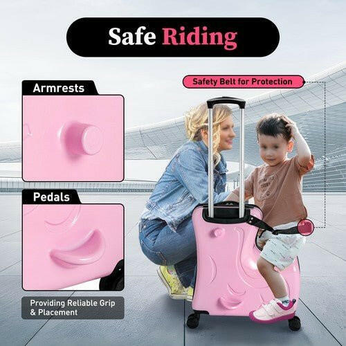 Pink Luggage Case Kids Ride-On Roll Suitcase Luggage Bags Wheeled Trolley Lugg - dev3 aff 