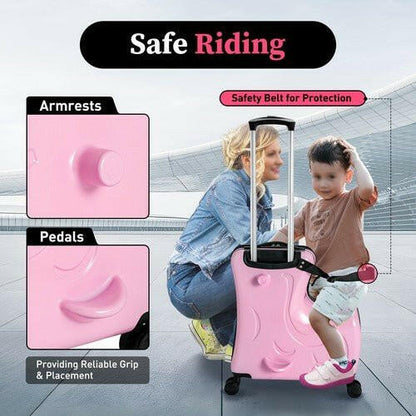 Pink Luggage Case Kids Ride-On Roll Suitcase Luggage Bags Wheeled Trolley Lugg - dev3 aff 