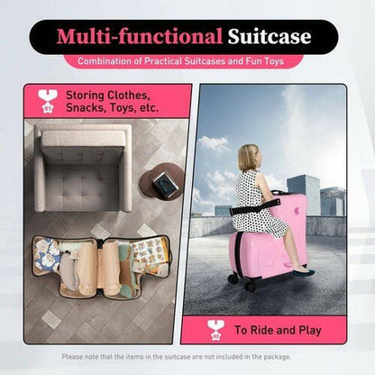 Pink Luggage Case Kids Ride-On Roll Suitcase Luggage Bags Wheeled Trolley Lugg - dev3 aff 