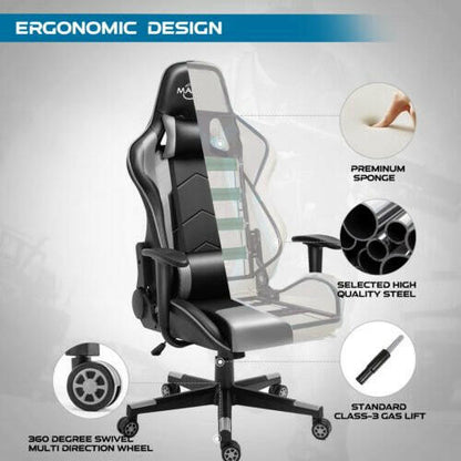 Gaming Chair Racing Style High-Back PU Leather Swivel Chair W/Headrest Lumbar - dev3 aff 