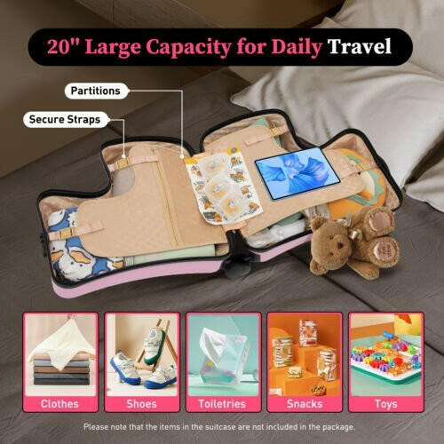 Pink Luggage Case Kids Ride-On Roll Suitcase Luggage Bags Wheeled Trolley Lugg - dev3 aff 
